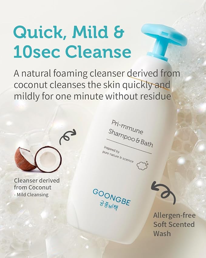 GOONGBE Pri-mmune Baby Shampoo & Body Wash for Sensitive Skin & Hair – Korean 2-in-1 Tear-Free Tested Head-to-Toe Cleanser, Sulfate-Free Low pH with Ceramide NP & Royal Oji Complex, Quick Rinse 11.8oz