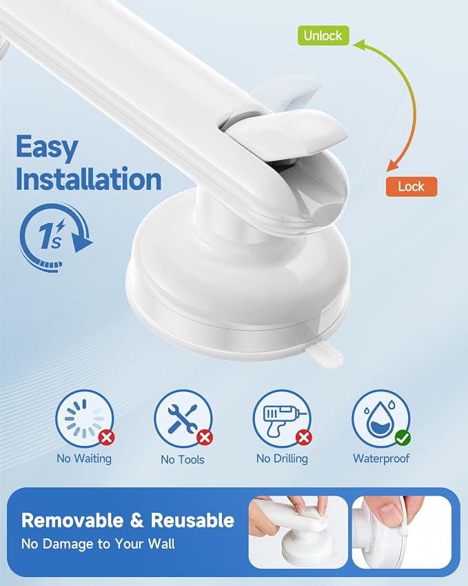 Suction Shower Handle, 2 Pack Grab Bars for Shower and Bathroom, Removable Safety Grip No Drilling & Waterproof, Heavy Duty Suction Cup Bath Handrails Grab Bars for Bathtubs, 11 inch - White
