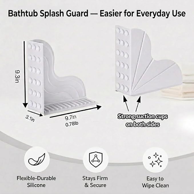 3-Piece No-Adhesive Silicone Large Shower Splash Guards with Strong Suction Cups,Splash Guard for Bathtub with One-Piece Design, Leak-Proof Seal, Reusable&Easy Removal, Keeps Floor Dry, Gray