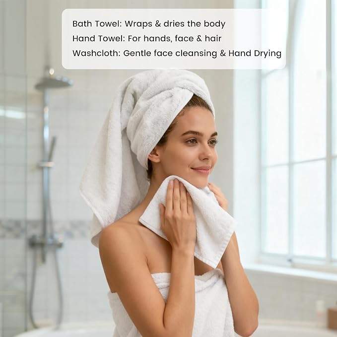 12-Piece Cotton Bath Towel Set with Hanging Loops for Bathroom, White | Balanced towel set for family showers, sink-side use, guest baths, and wash-day rotation, OEKO-TEX certified, easy care