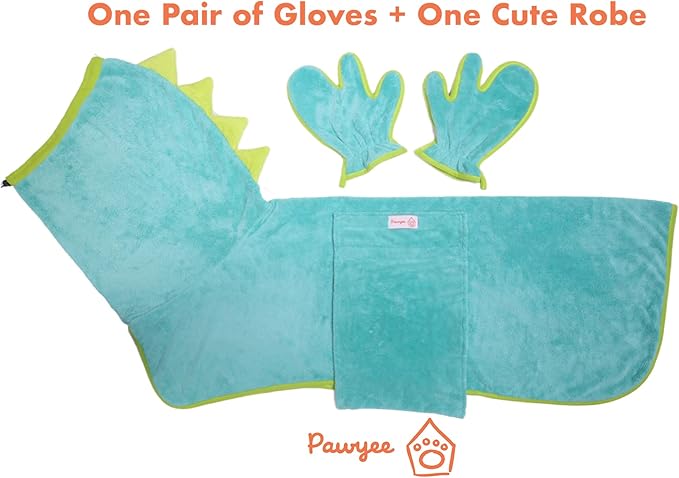 Pawyee Super Soft Fast-Drying Dog Towel Set for Cold Weather, Beach, Pool - Adjustable Microfiber Bath Robe with Drying Gloves for Cats and Dogs (L, Blue Dino)