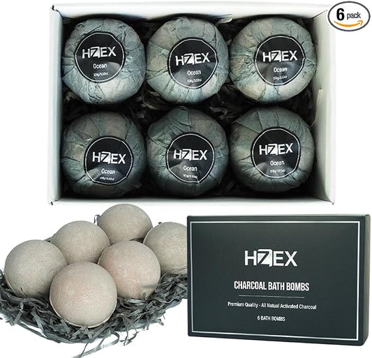 HZEX Charcoal Activated Bath Bombs for Men – Detox with Handmade Organic 6 Pack Bath Bomb Set, up to 3 Scents (Sandalwood, Bergamot, Ocean), Individually Wrapped (Ocean)