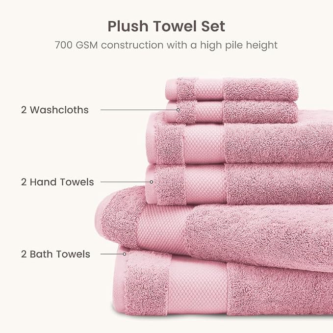 BIOWEAVES 100% Organic Cotton Bath Towel Set | 700 GSM Plush 6-Piece Premium Towel Set GOTS Certified, 2 Bath Towels, 2 Hand Towels & 2 Washcloths - Dusty Pink