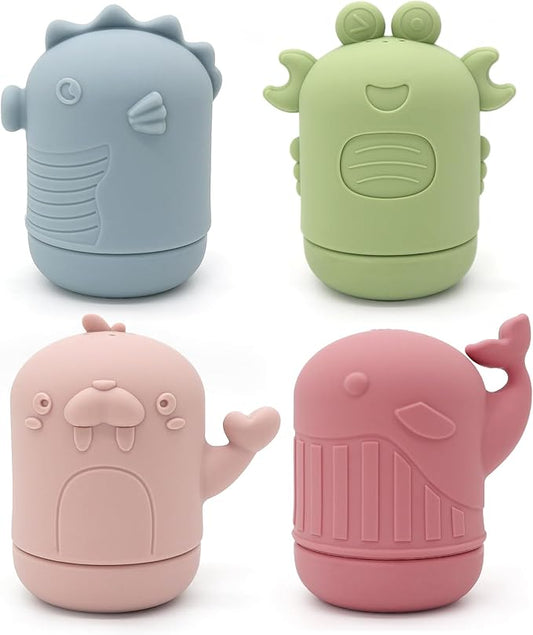 PandaEar 4 Pack Silicone Bath Toys for Babies 0-6 6-12 Months, Mold Free Bathtub Toys for Toddlers Kids Infant, Non Toxic Swimming Shower Toys for Toddlers 1-3 (A)
