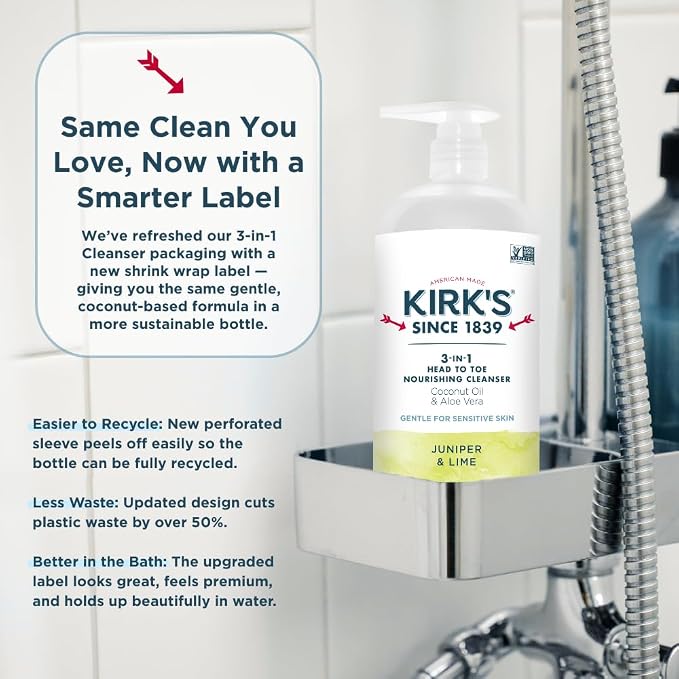 Kirk's Juniper & Lime 3-in-1 Nourishing Cleanser, Shampoo Body Wash Bubble Bath, Coconut Oil and Aloe Vera, Vegan Non-GMO, 32 Fl Oz