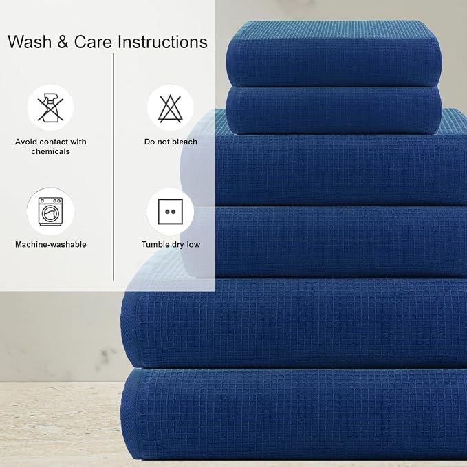 CASA COPENHAGEN Waffle 6Pcs 100% Egyptian Cotton Large Designer Towels Gift Set- Navy, 2Bath 2Hand 2Washcloths, Bath Towels for Bathroom (Box Pack, Set for Women & Men)
