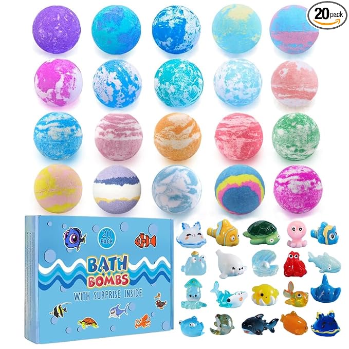 Bath Bomb Gift Set with Surprise Inside, 20 Pack Organic Bath Bombs for Kids, Kids Safe Handmade Fizzy Balls for Kid, Ideal Birthday Gift for Kids, Boys, Girls