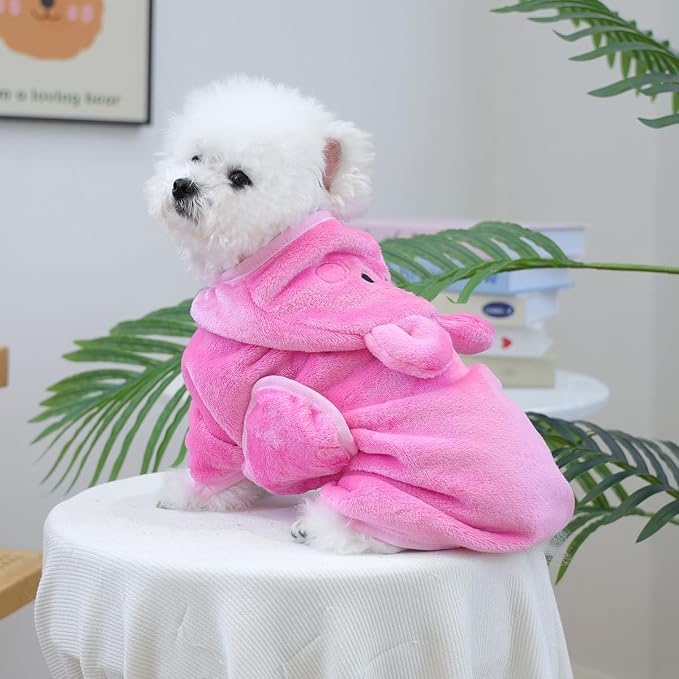 Dog Bathrobe with Hood Super Absorbent Soft Quick Drying Towel Wrap Adjustable Puppy Cat Bath Robe Towel for Cold Weather Beach Pool (Pink Pig, Medium)