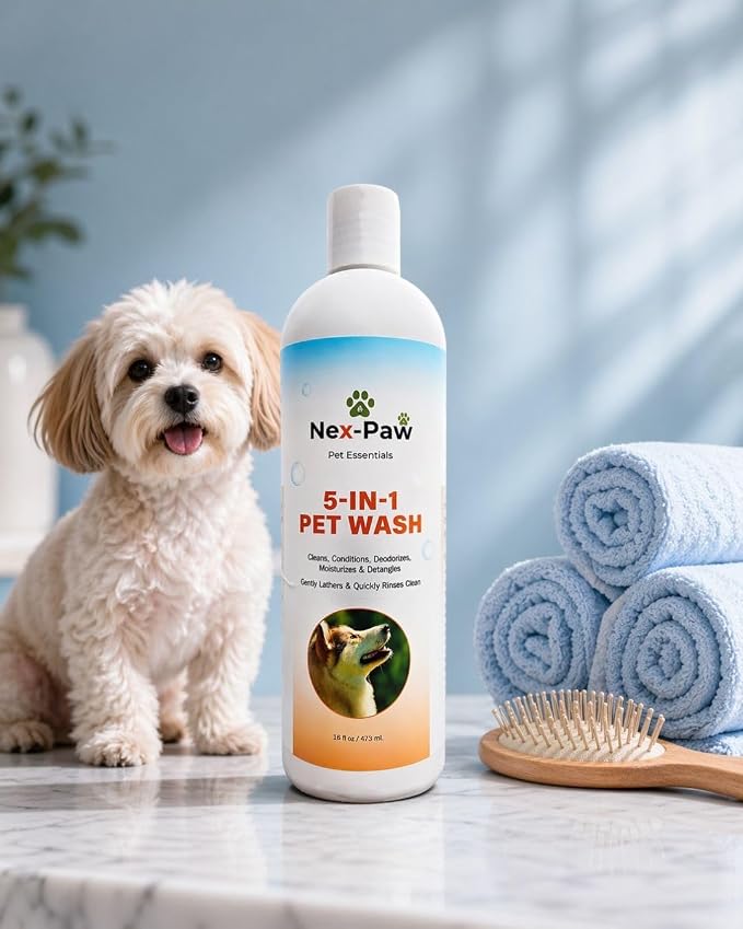 NEX-PAW 5-in-1 Dog Shampoo & Conditioner – Deodorizing, Cleaning, Moisturizing & Detangling Pet Wash for Dogs & Puppies – Gentle Formula – 16 oz