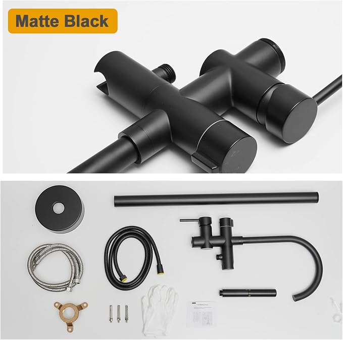 BESy Freestanding Bathtub Faucet Tub Filler Free Standing Floor Mount Stand Brass Bathroom Tub Faucets with 2 Function Hand Shower Wand Swivel, Matte Black Finish