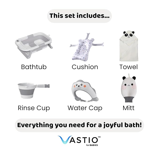 6-in-1 Collapsible Baby Bathtub Set with Thermometer, Foldable Infant Tub for Newborn to Toddler, Portable Bath Set with Cushion, Rinse Cup, Cap, Towel & Mitt, All-in-One Baby Bath Essentials