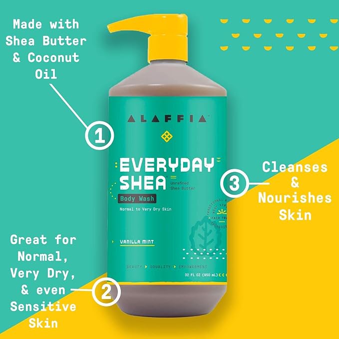 Alaffia Body Wash, Everyday Shea, Vanilla Mint 2-Pack – Gentle Skin Cleanser, Shower Gel for Normal to Very Dry Skin, 16 Oz Ea