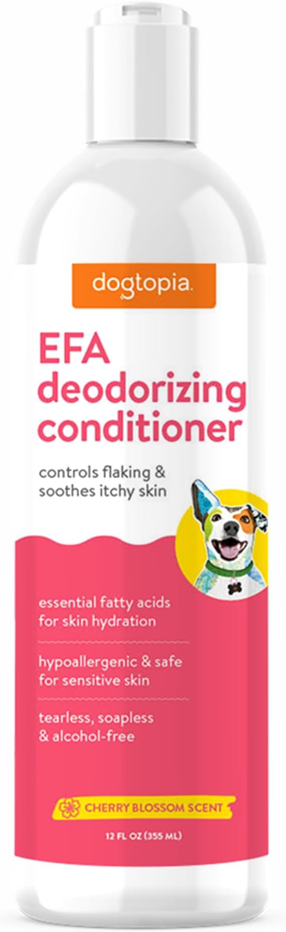 Dogtopia Essential Fatty Acid (EFA) Deodorizing Conditioner for Dogs and Pets (12oz) – Cherry Blossom Scent | Soothing Conditioner Rich With Moisturizing Emollients | Tearless, Soapless & Alcohol-Free