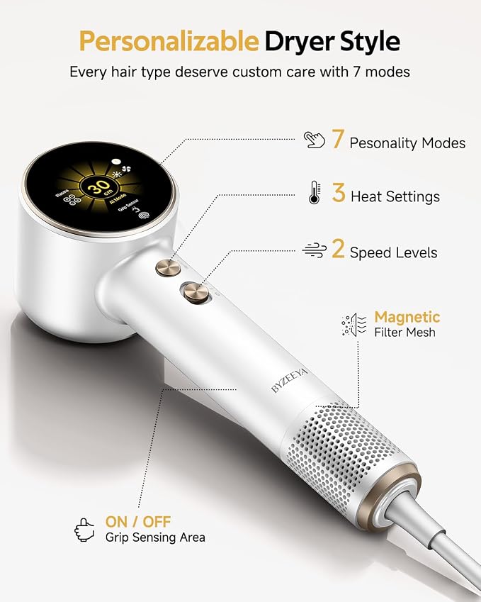 Fast Drying Ionic Hair Dryer Portable Blow Dryer for Travel, Moon White | 1 Billion Plasma, 7 Intelligent Modes, TOF Infrared Temp Control, 160,000 RPM High Speed, Lightweight Hairdryer for Women Men