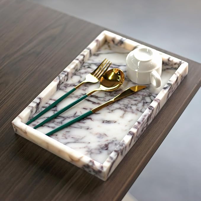 Luxurious Natural Marble Tray Hand Towel Organizer for Disposable Paper Napkins, Jewelry, Makeup Bathroom Vanity Sink Comestic Holder Bathtub Decorative Organizer Perfume Tray/Calacatta Viola