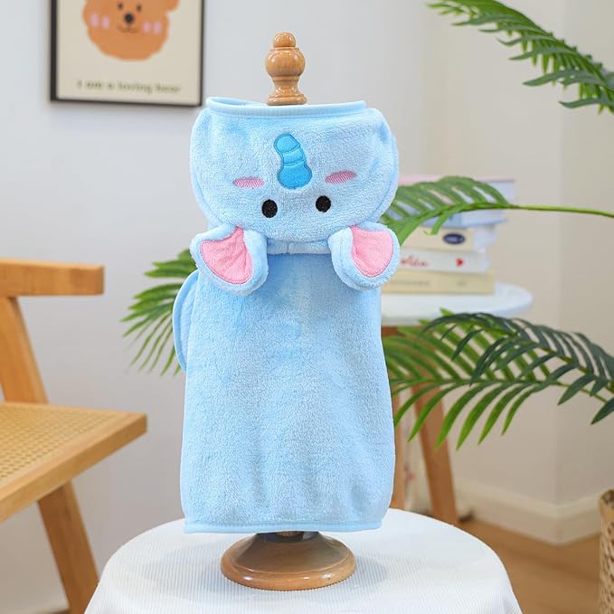 Dog Bathrobe with Hood Super Absorbent Soft Quick Drying Towel Wrap Adjustable Puppy Cat Bath Robe Towel for Cold Weather Beach Pool (Blue Elephant, Small)