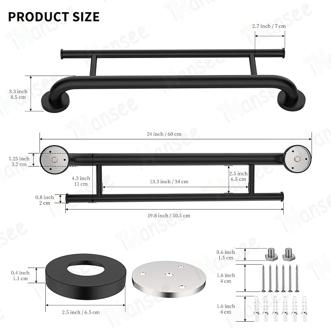 Matte Black Grab Bar 24 Inch w/Towel Holder, iHansee Stainless Steel Towel Rack Shower Support Balanced Support Handle, Wall Mount Safety Handrail Grab Rail for Elderly Senior Handicap Disabled