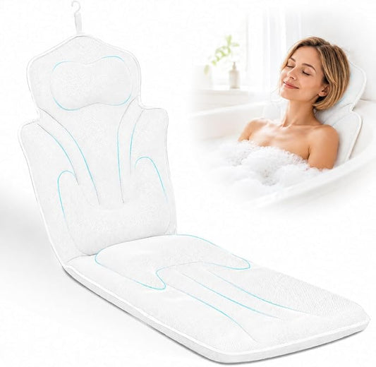 Full Body Bath Pillow for Bathtub Thickened 5D Air Mesh 144 Suction Cups | Bath Pillow Luxury Bathtub Pillow 3.7'' Thick Head, Neck and Back Support Bath Tub Pillow Large 56 x 18 Inch Size