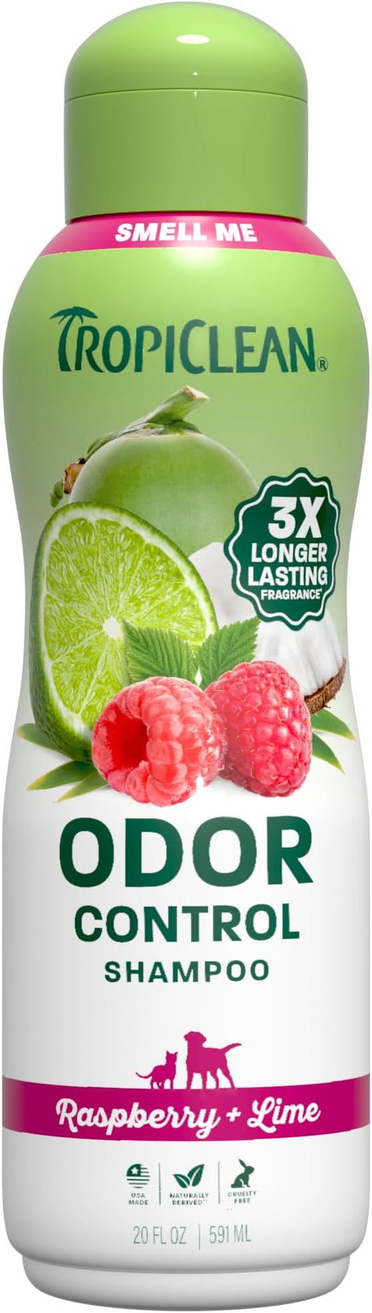 TropiClean Deodorizing Dog Shampoo, Powerful Odor Control, Long-Lasting Raspberry Lime Scent, Puppy Safe, Made in The USA, Cat Friendly, 20oz.
