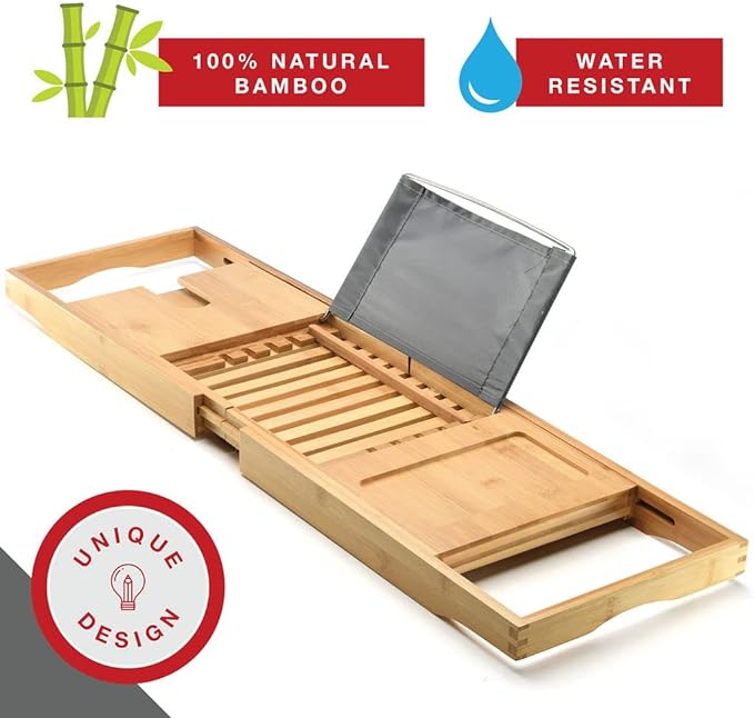 Luxury Foldable Bathtub Tray Caddy - Waterproof Wood Bath Tray for Tub, Expandable Size Fits Most Tubs, Bathroom Accessories for New Home & Mothers, Birthday Gifts for Mom
