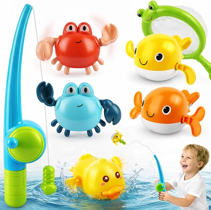 TOY Life Bath Toys for Kids Ages 1-3, Magnetic Fishing Game with Mold Free Wind Up Bath Toys for Toddlers 1-3 & Toy Fishing Pole & Fishing Net, Water Table Pool Fun Bathtub Toys for Baby Infant