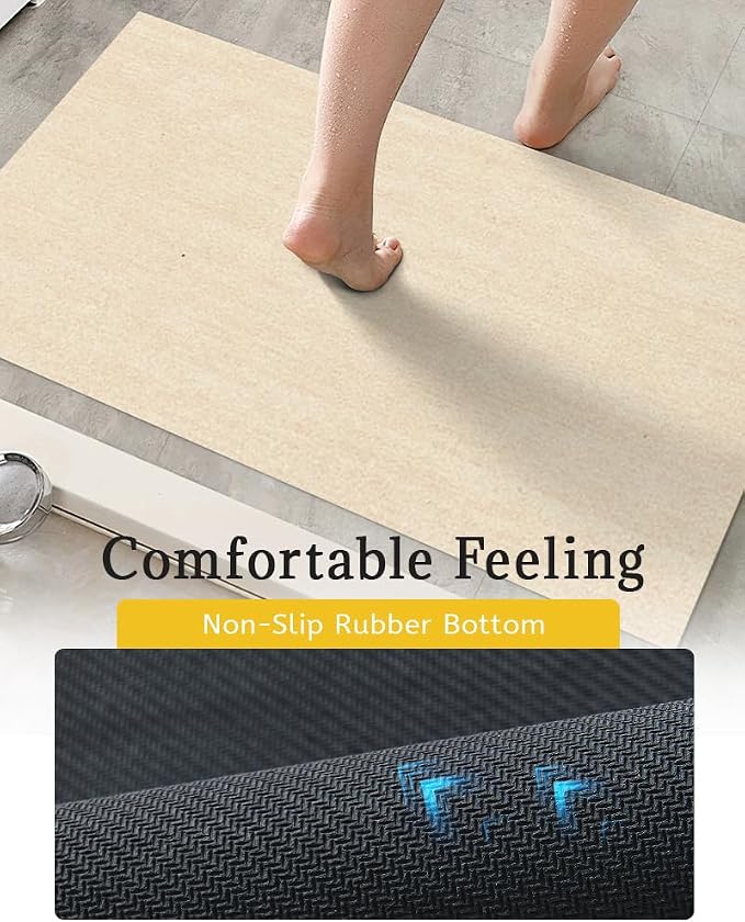 Mecko Bath Mat, Ultra Absorbent Quick Dry Bathroom Floor Mats-Rubber Non-Slip Thin Bathroom Rug Fit Under Door, Faux Suede Surface Shower Rug for Bathtub, Sink, Shower Room(Beige,16"x24")