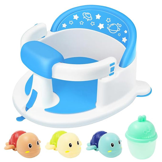 Baby Bath Seat 6M+, Non-Slip Cushion, CPSC Certified, 5-Pc Set, Blue | BPA-free PP+TPR, easy-release handle, ergonomic backrest, lightweight & portable, available in blue