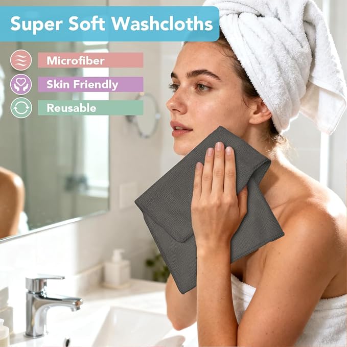 Orighty Wash Cloths, 10 Pack Face Towels, Soft Quick-Drying Washcloths, Multi-Purpose Microfiber Face Cloths for Bathroom, Gym, Spa, Hotel, Travel, 11.5"x11.5", Grey