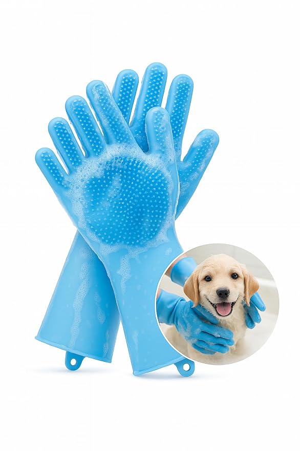 Pet Grooming Glove for Dogs & Cats – Winter Shedding Control Deshedding Brush & Hair Remover with 3,000 Soft Silicone Tips – Wet & Dry Bath Mitt – Heat Resistant & Anti-Slip – Blue