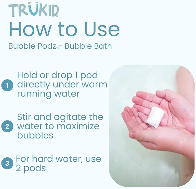 TruKid Bubble Podz Bubble Bath for Kids, Toddlers, & Babies, Tear Free Gentle & Refreshing Bath Bomb for Sensitive Skin with Natural Moisturizers, Non-Toxic, pH Balanced, Eucalyptus Scent (60 Podz)