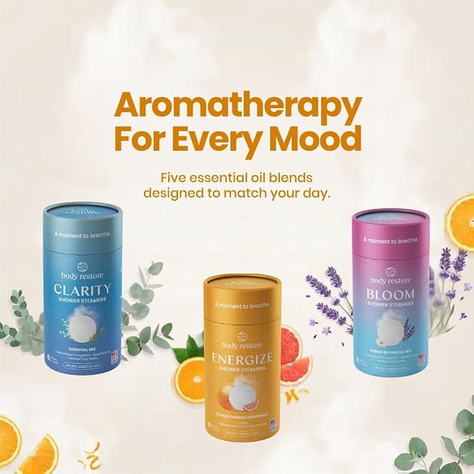 BodyRestore Shower Steamers Aromatherapy, Gifts for Men, Energize 6 Pack | Birthday Gifts for Women, Men, Mom & Dad, Spa Stress Relief & Relaxation, Self Care, Essential Oil Tablets
