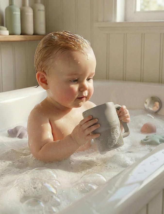 Roslim Silicone Baby Bath Rinse Cup, Shampoo & Body Rinser with Easy-Grip Handle for Rinsing Hair and Body Washing, Lightweight, Non-Toxic for Babies, Toddlers, Kids (Taupe)