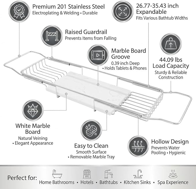 Bathtub Tray Caddy for Luxury Bath, Stainless Steel 26.8-35.4 in Expandable Extra Wide Bath Tub Tray with Natural Marble and Mobile/Tablet Stand, Ideal for Home Spa Lovers (Silver + White)