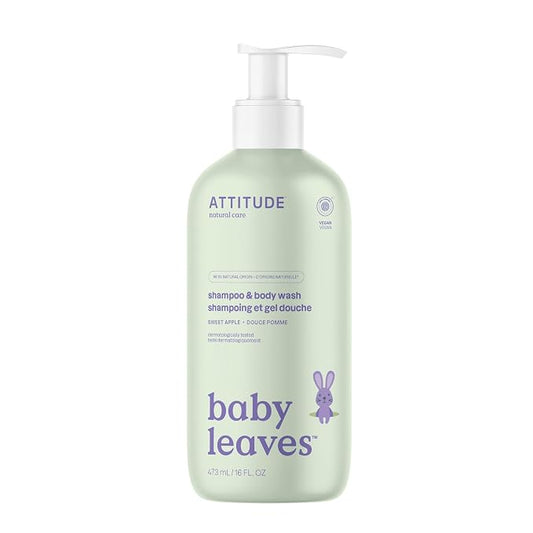 ATTITUDE Baby 2-in-1 Shampoo & Body Wash, EWG Verified, Dermatologically Tested, Vegan, Sweet Apple Scent, 16 Fl Oz