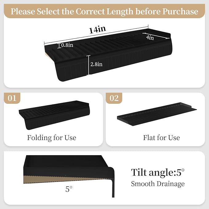 Sink Edge Protector with Suction Cup, 14" x 4", Silicone Sink Splash Guard for Kitchen & Bathroom, Protect Countertop from Scratches, Stains, for Stainless Steel Granite Quartz, Black
