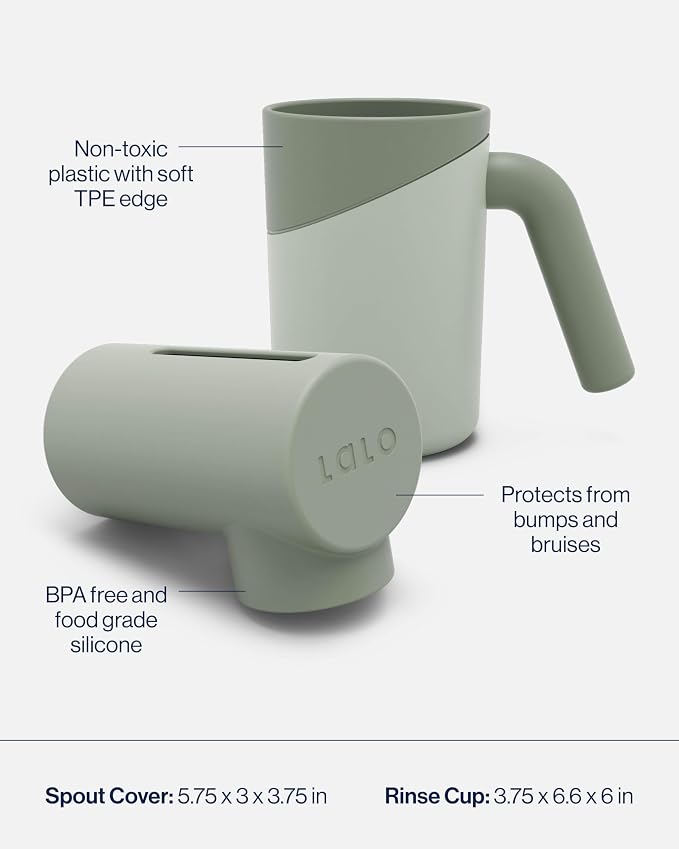Lalo Bathtime Starter Kit - 3-Piece Set Includes Modern Baby Bathtub, Rinse Cup & Spout Cover - Safe, Easy to Clean Design for Newborns - 25.3 x 18 x 7.7 in, 10 lb - Sage