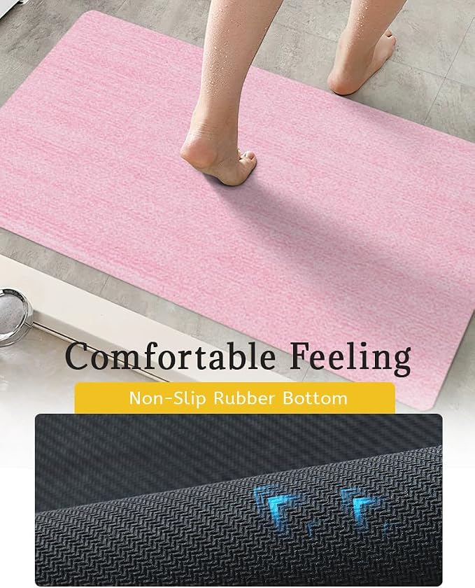 Mecko Bath Mat Rug, Ultra Thin Bathroom Rug -Rubber Non-Slip Quick Dry Absorbent Bath Mat Fit Under Door, Faux Suede Surface Bathroom Floor Mats for Bath, Shower, or Sink (Pink,20"x32")