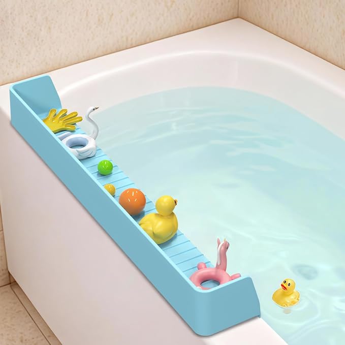 31” Bathtub Splash Guard Shelf with Strong Suction Cups, Silicone Tub Water Guard Organizer for Shampoo & Bath Essentials, No-Mess Spill Protection – Blue