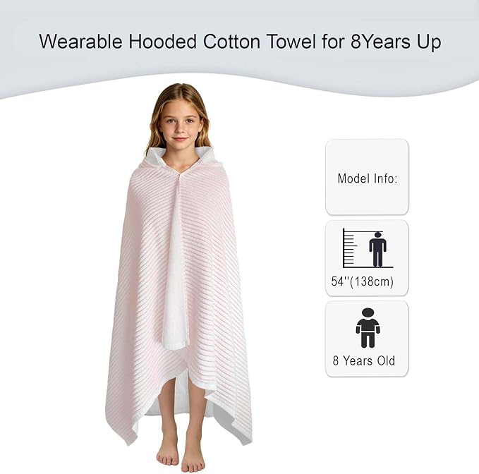 VOOVA & MOVAS Hooded Bath Towels for Teens/Big Kids (8Years Up) | Soft Absorbent 100% Cotton Thick Towel Wrap | Versatile Beach, Pool, Swim & Bath Cover-Up | Pink White