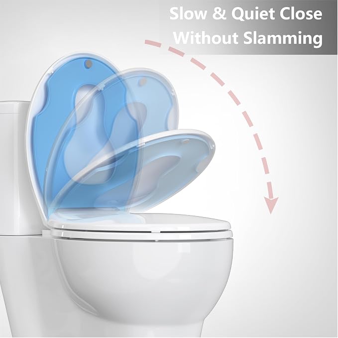 Toilet Seat with Potty Training Seat Built-In, Round Fit, Soft Close Lid, Slow Close Noiseless Design, American Standard Compatible,White and Blue