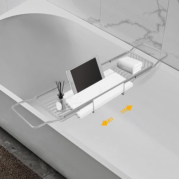 Expandable Bathtub Tray, Stainless Steel Bath Table Tray with Marble Board, Modern Luxury Bathtub Shelf for Bathrooms, Kitchen Sink (Silver+White)