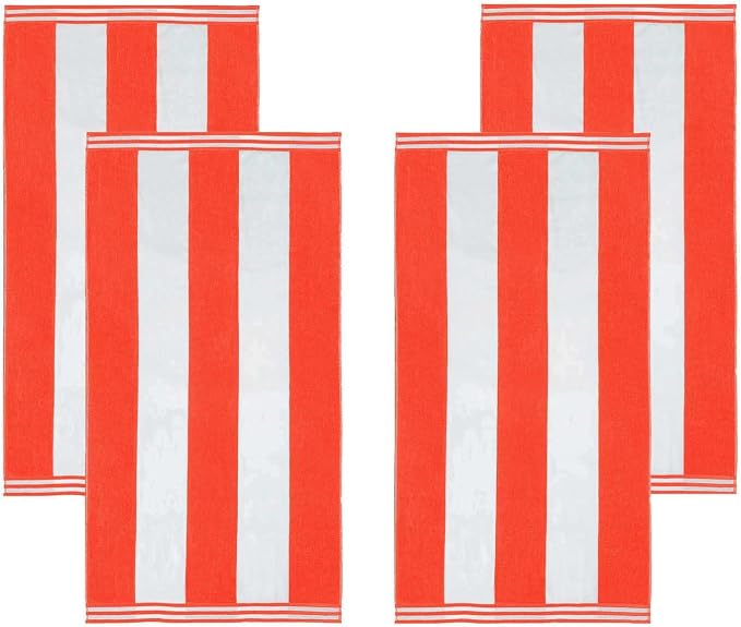Superior Cotton Striped Beach Towels, Colorful Towels for Adult, Kid, Pool, Swimming, Sand, Travel, Large Oversized, Absorbent, Fast Drying, Bath Basics, Cabana Collection, Set of 4, Coral