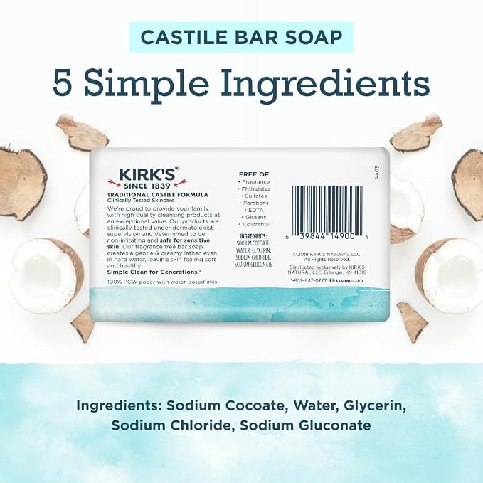Kirk's Castile Bar Soap, Fragrance Free - Clinically Tested, Safe for Sensitive Skin with Coconut Oil, Vegan and Non-GMO - 4 oz Bars, 48 Pack and Fragrance Free Travel Bar