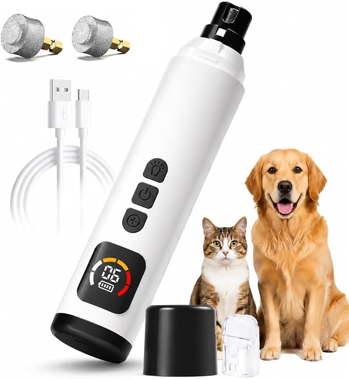 Dog Nail Grinder Quiet, 6-Speed Rechargeable Pet Trimmer for Dogs Cats（White） | 5H Battery, 6 Speeds, Dual LED, 3 Diamond Heads, Ultra-Quiet, Beginner-Friendly, Multi-Port for Dogs & Cats