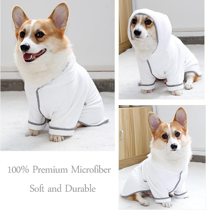 Dog Bathrobe, Microfiber Fast Drying Absorbent Hooded Bath Towel White for Puppy Small Medium Large Dog Cat (M, White)