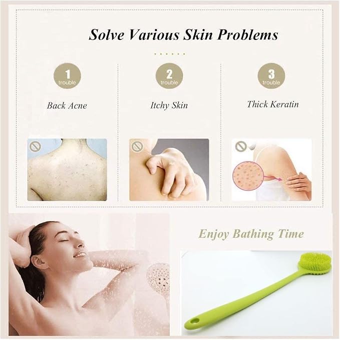 Long Handle Silicone Body Scrubber for Shower, Dual-Sided Back Scrubber Brush with Soft Bristles&Massage Nodes, Exfoliating Bath Brush for Hard to Reach Areas, Easy to Clean & Quick Dry, for Daily Use