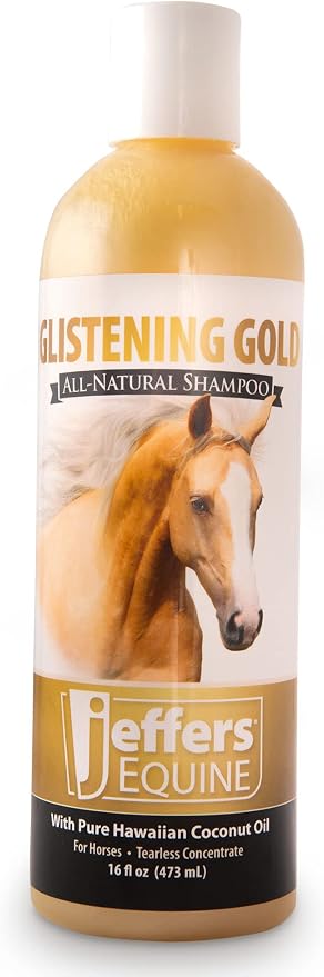 Jeffers Equine Glistening Gold Tearless Horse Shampoo, 16 oz - Concentrated Deodorizing Horse Shampoo w/Pure Hawaiian Coconut Oil & Vitamin E, pH Balanced for Moisturized, Shiny & Show Ready Coats