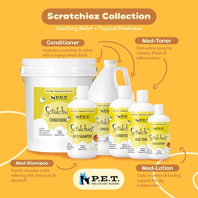 P.E.T. Scratchiez Soothing Oatmeal & Aloe Conditioner for Dogs & Cats — Professional 1 Gallon Bulk Size — Moisturizes, Softens & Helps Calm Itchy, Flaky Coats — Sulfate-Free, pH-Balanced