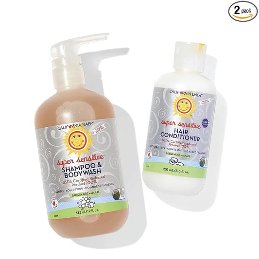 California Baby Super Sensitive Baby Shampoo and Conditioner Set | 100% Plant-Based Baby Bath Set | 19oz Unscented Body Wash + 8.5oz Conditioner |
