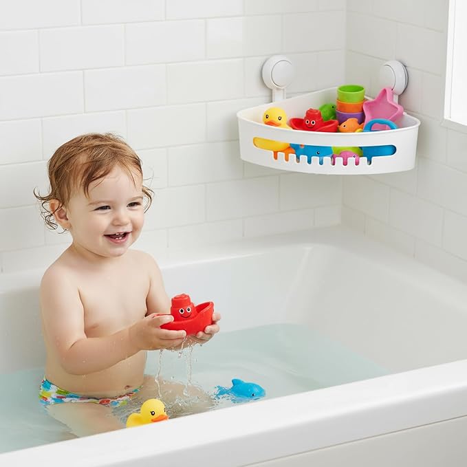 Bath Toy Storage Organizer,Kids Bathtub Toy Holder with Drain Holes,Shower Caddy for Bathtub,No Drilling Corner Shower Caddy Suction Cup,Waterproof Storage Basket for Bathroom,Kitchen